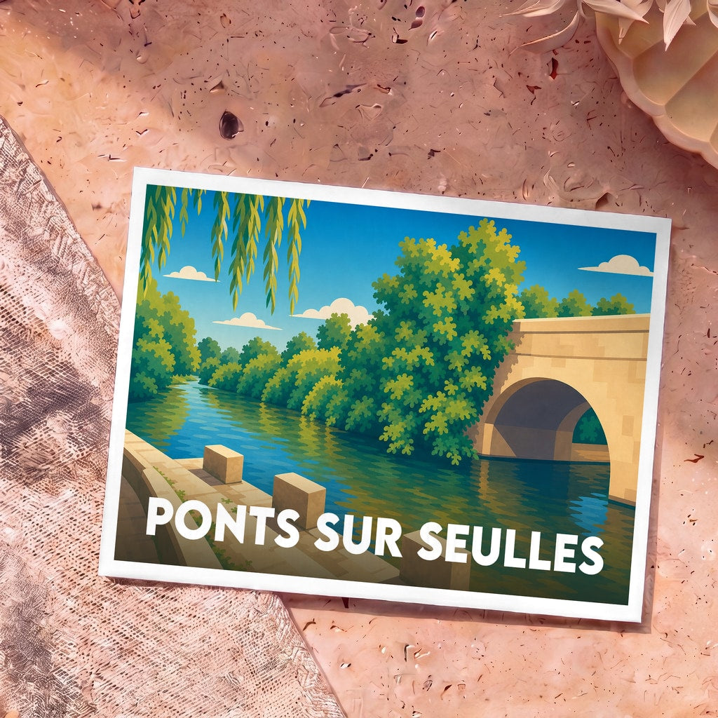 Carte postale souvenir de la ville de Ponts sur Seulles avec une illustration stylisée d'un pont de pierre enjambant une rivière bordée d'arbres.