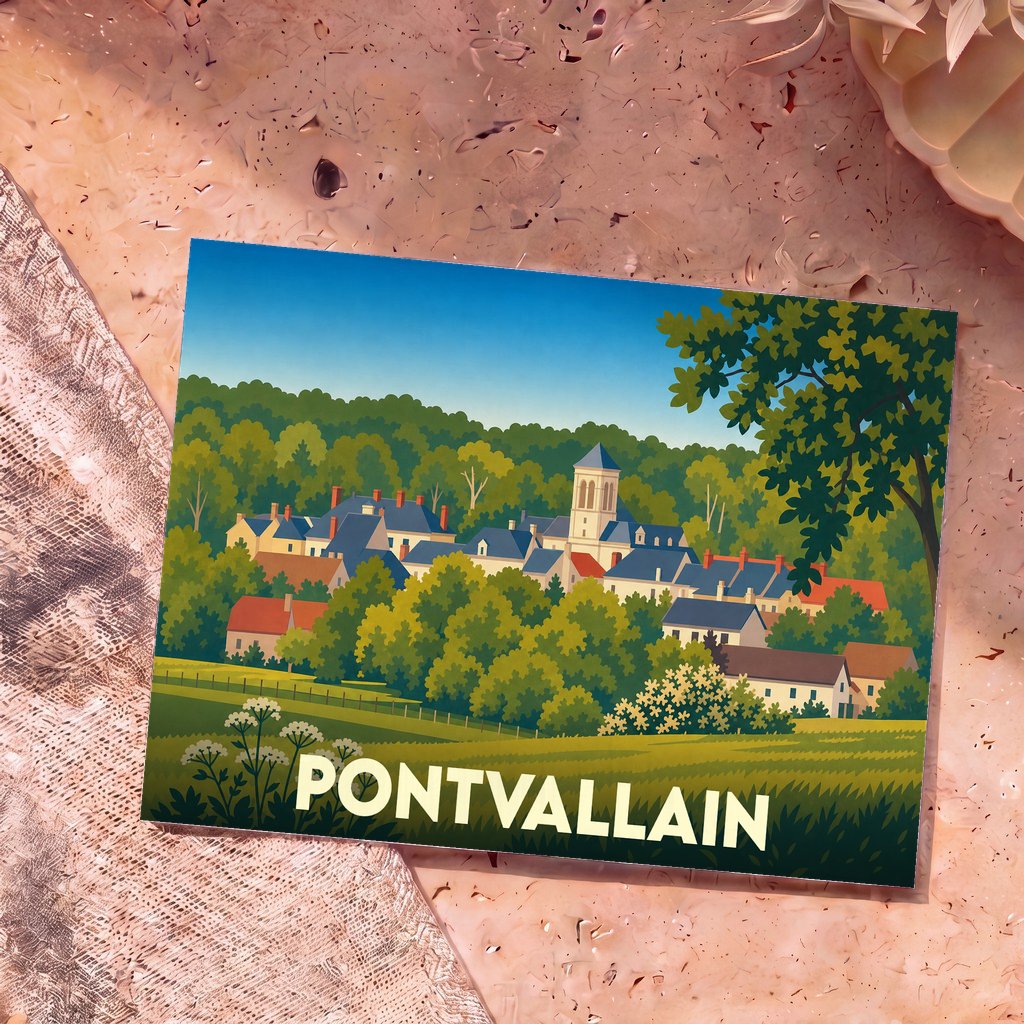 Carte postale souvenir de la ville de Pontvallain avec une illustration stylisée montrant le village niché dans la verdure.