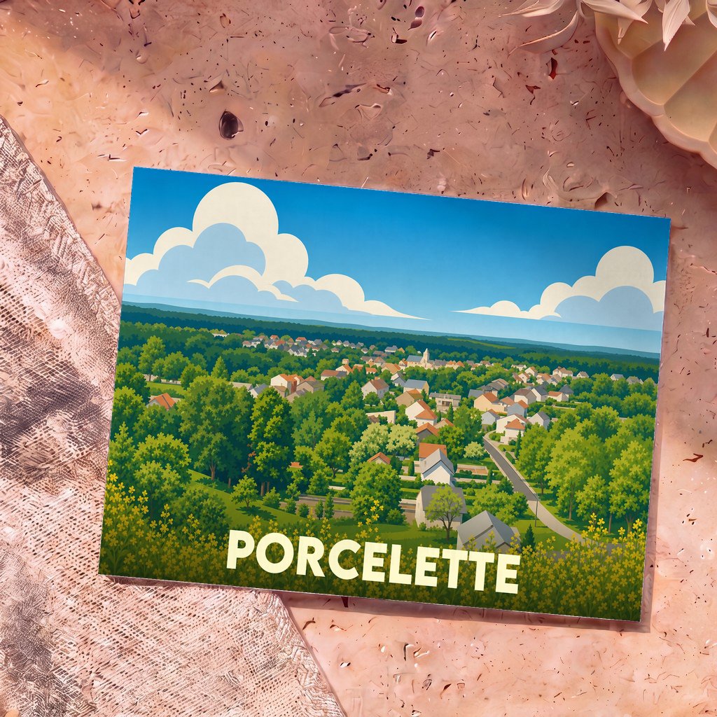 Carte postale souvenir de la ville de Porcelette avec une illustration stylisée et colorée d'un paysage urbain verdoyant.