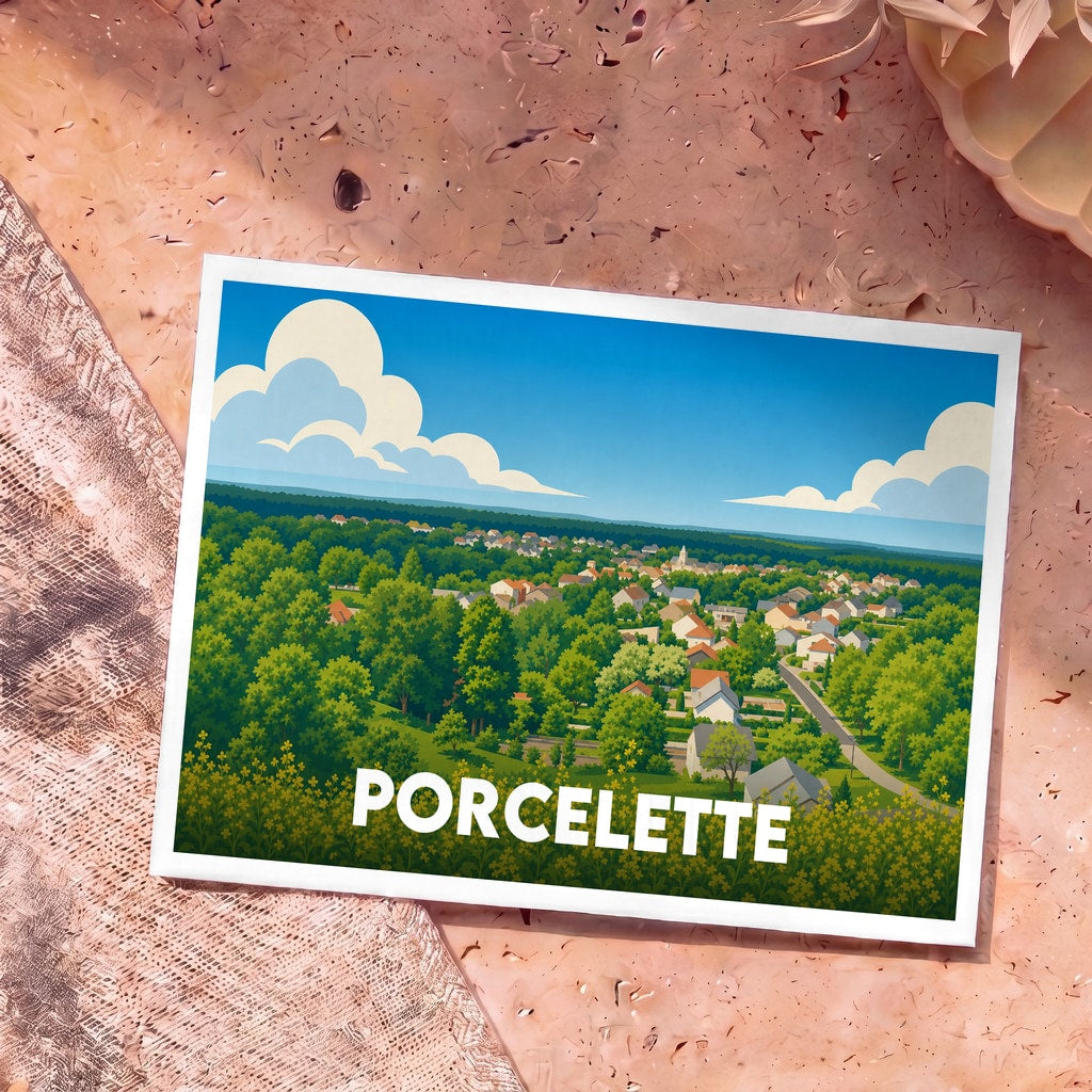 Carte postale souvenir de la ville de Porcelette avec une illustration stylisée et colorée d'un paysage urbain verdoyant.