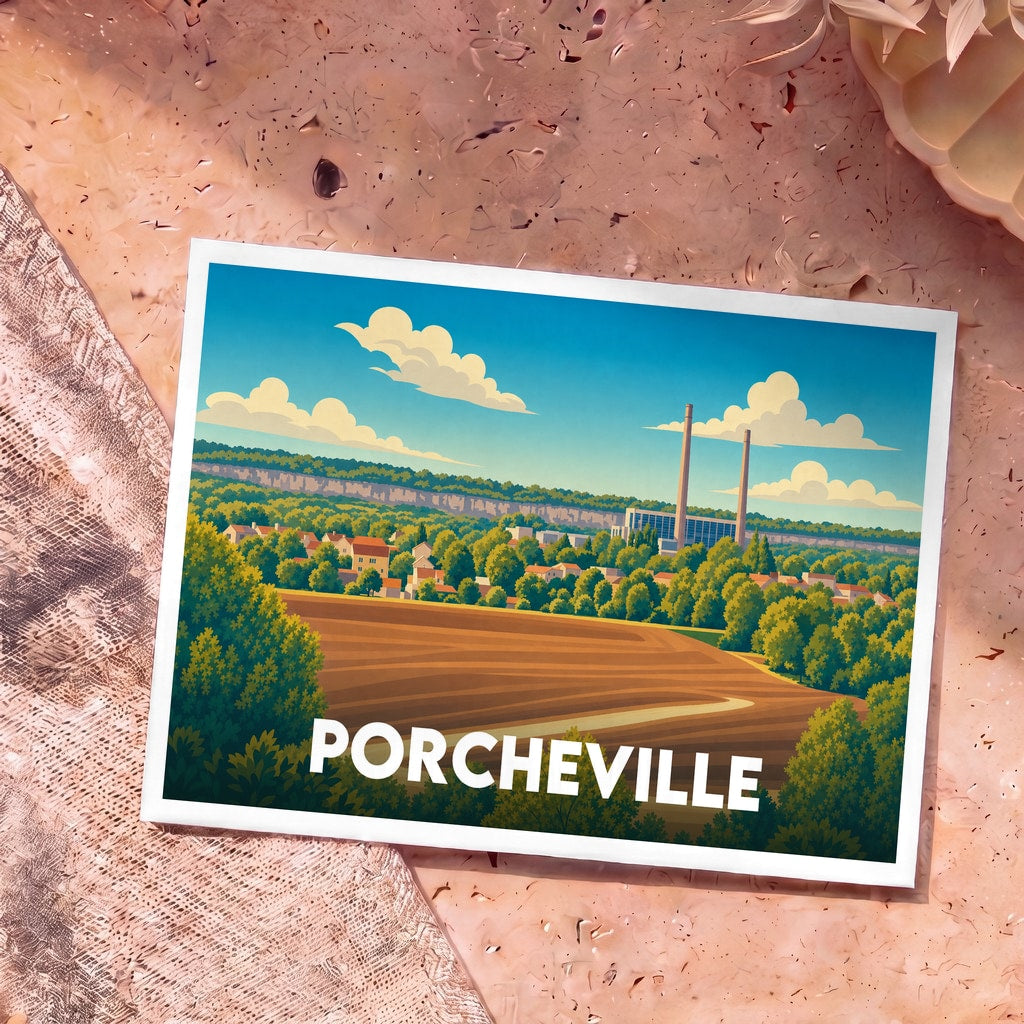 Carte postale souvenir de la ville de Porcheville illustrée d'un paysage stylisé mêlant nature, habitations et sa célèbre centrale électrique.