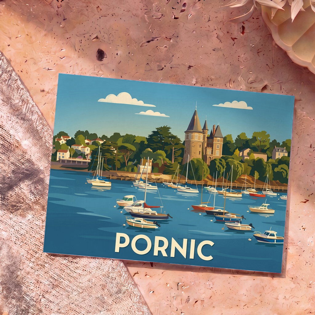 Carte postale souvenir de la ville de Pornic avec une illustration stylisée de son port et de son château.
