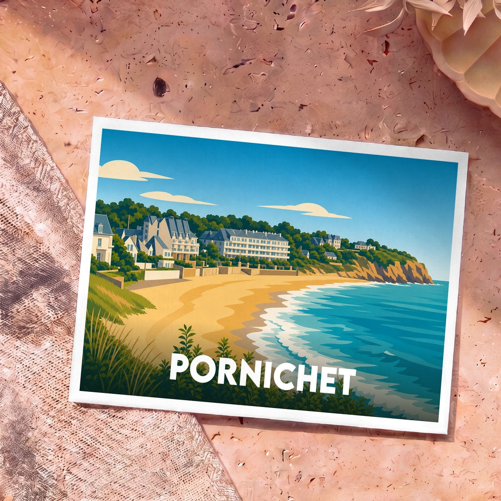 Carte postale souvenir de la ville de Pornichet avec une illustration stylisée de sa plage et de son front de mer.