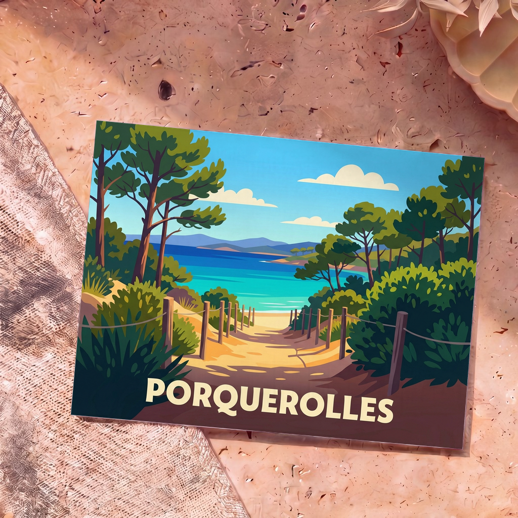 Carte postale souvenir de Porquerolles illustrant un sentier côtier bordé de pins menant à une plage turquoise.