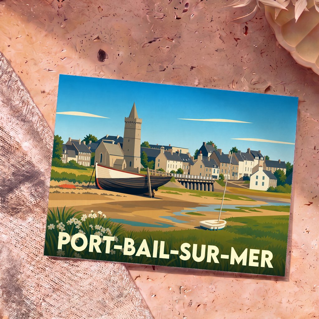 Carte postale souvenir de Port-Bail-sur-Mer illustrant un paysage côtier avec son église fortifiée et des bateaux à marée basse.