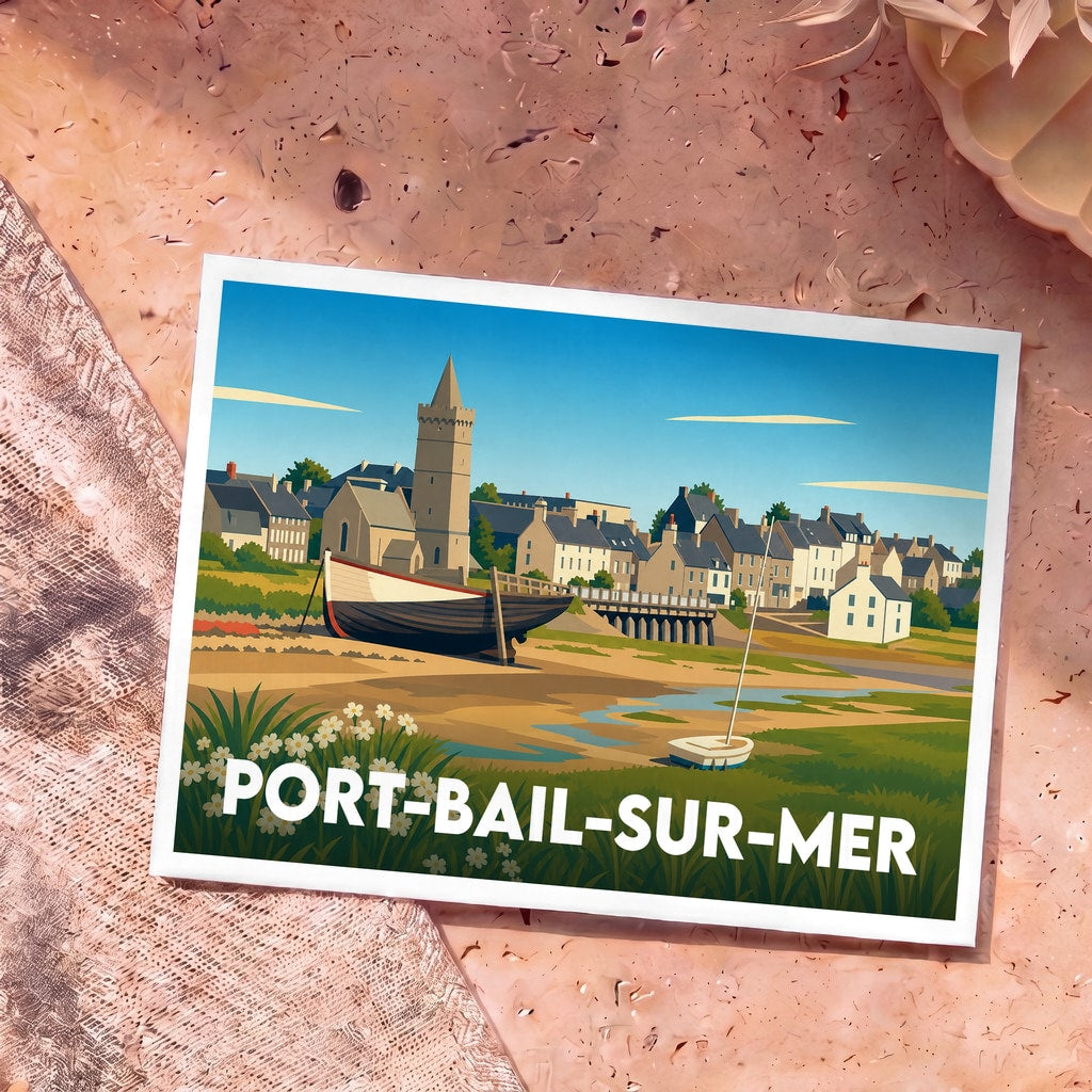 Carte postale souvenir de Port-Bail-sur-Mer illustrant un paysage côtier avec son église fortifiée et des bateaux à marée basse.
