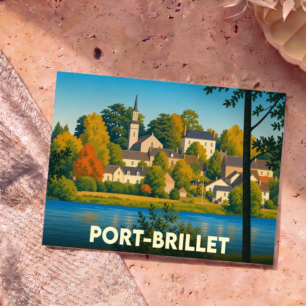 Carte postale souvenir de la ville de Port-Brillet avec une illustration stylisée d'un village en automne au bord de l'eau.