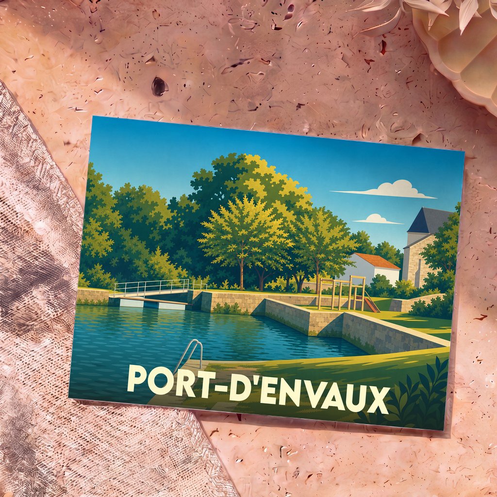 Carte postale souvenir de la ville de Port-d'Envaux avec une illustration stylisée d'un bord de rivière arboré.