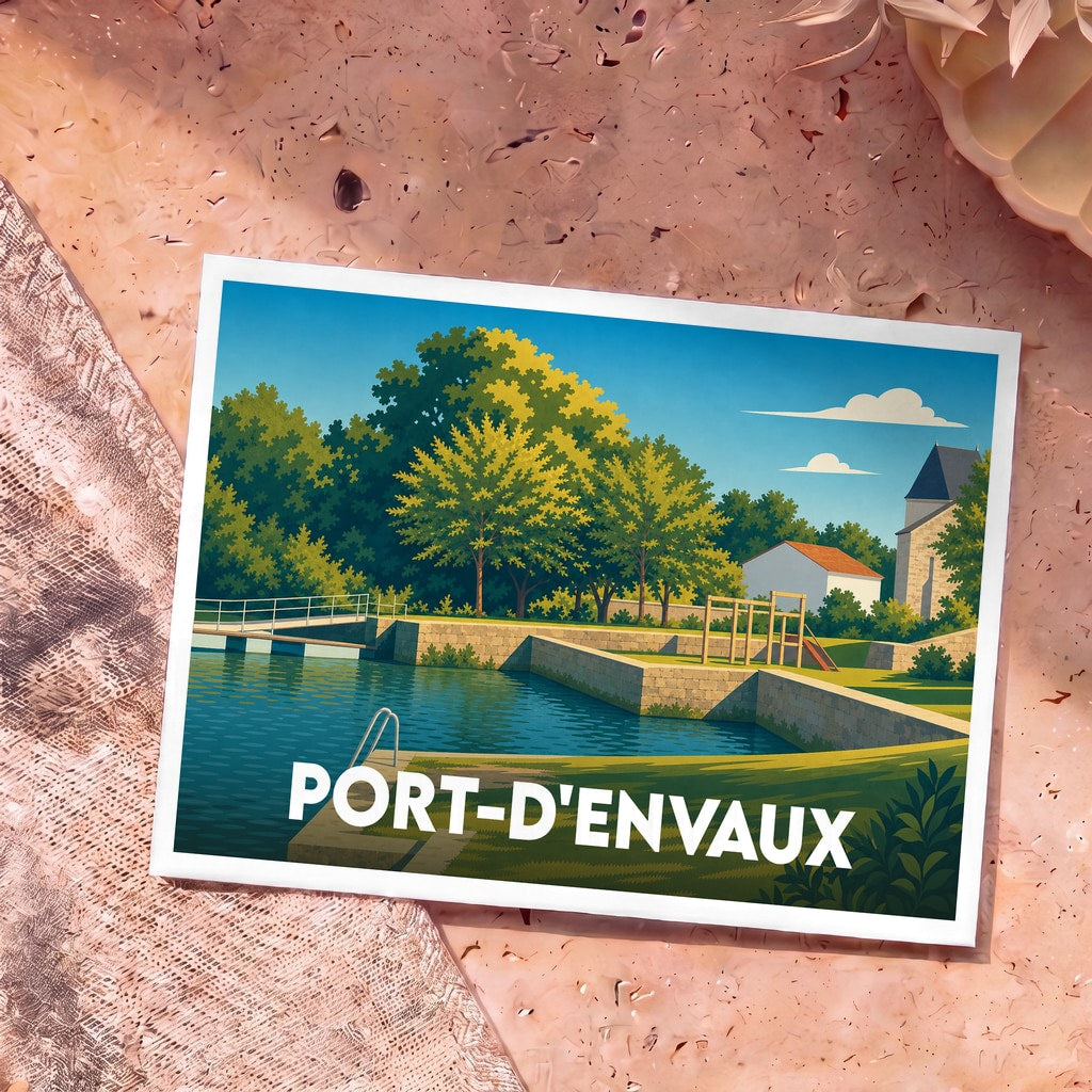 Carte postale souvenir de la ville de Port-d'Envaux avec une illustration stylisée d'un bord de rivière arboré.