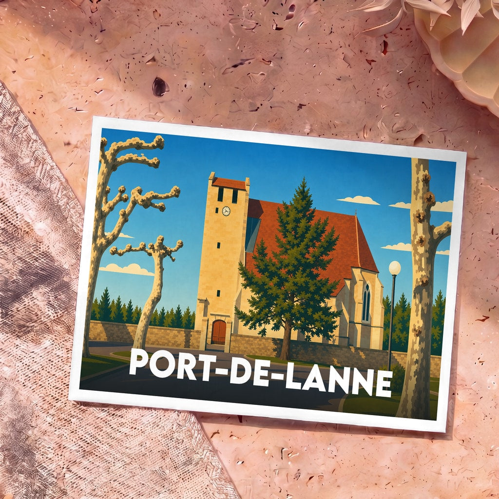 Carte postale souvenir de la ville de Port-de-Lanne avec une illustration stylisée de son église.
