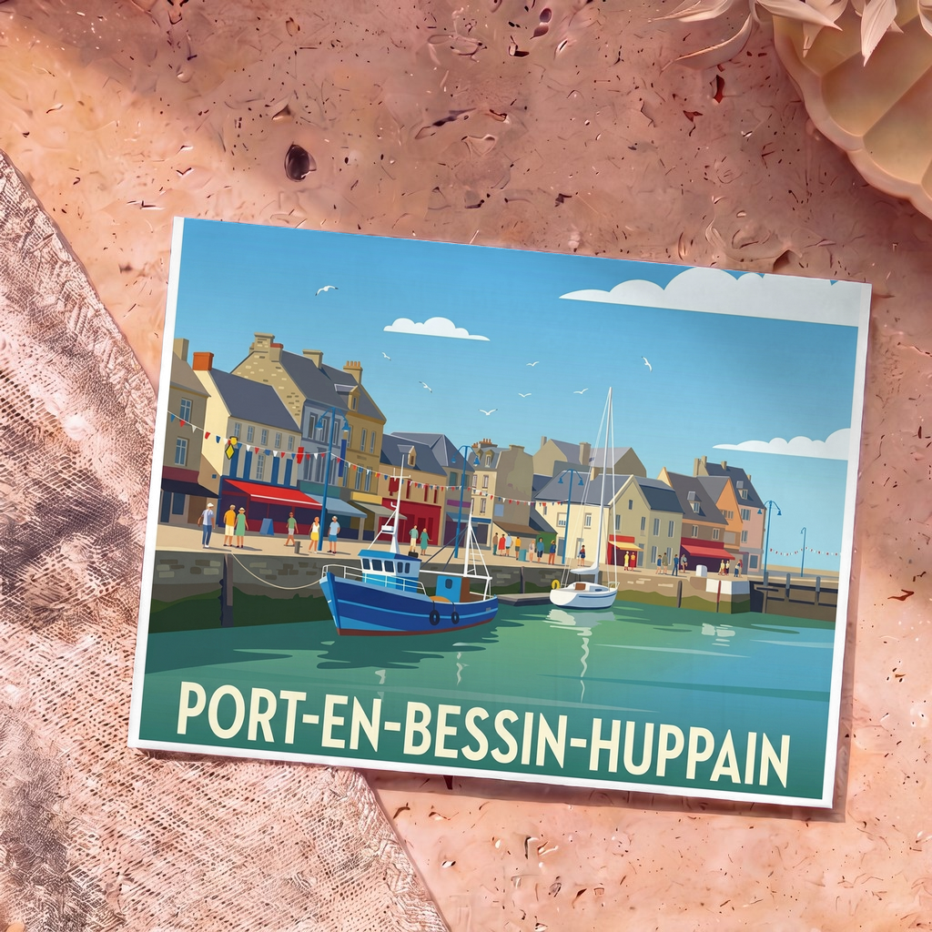 Carte postale souvenir de la ville de Port-en-Bessin-Huppain avec une illustration stylisée de son port de pêche.