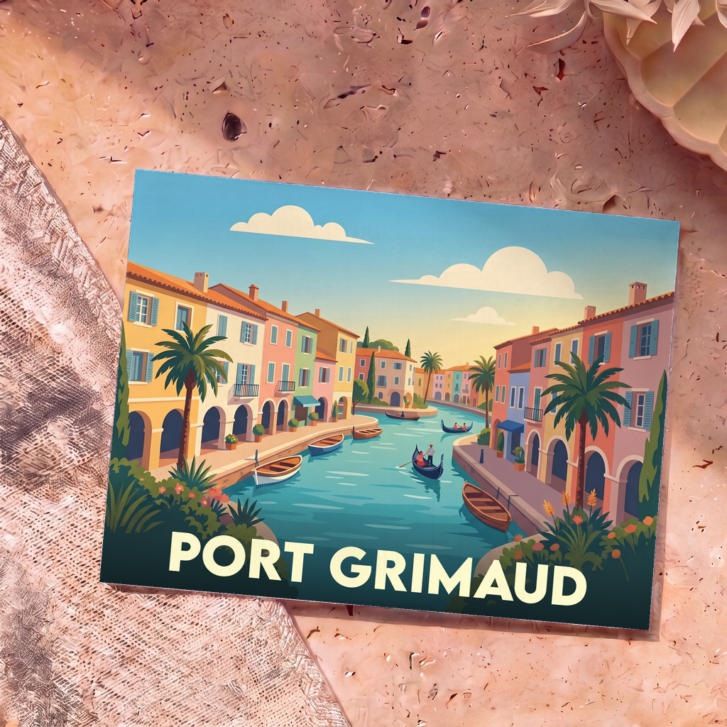 Carte postale souvenir de la ville de Port Grimaud présentant une illustration stylisée et colorée de ses canaux.