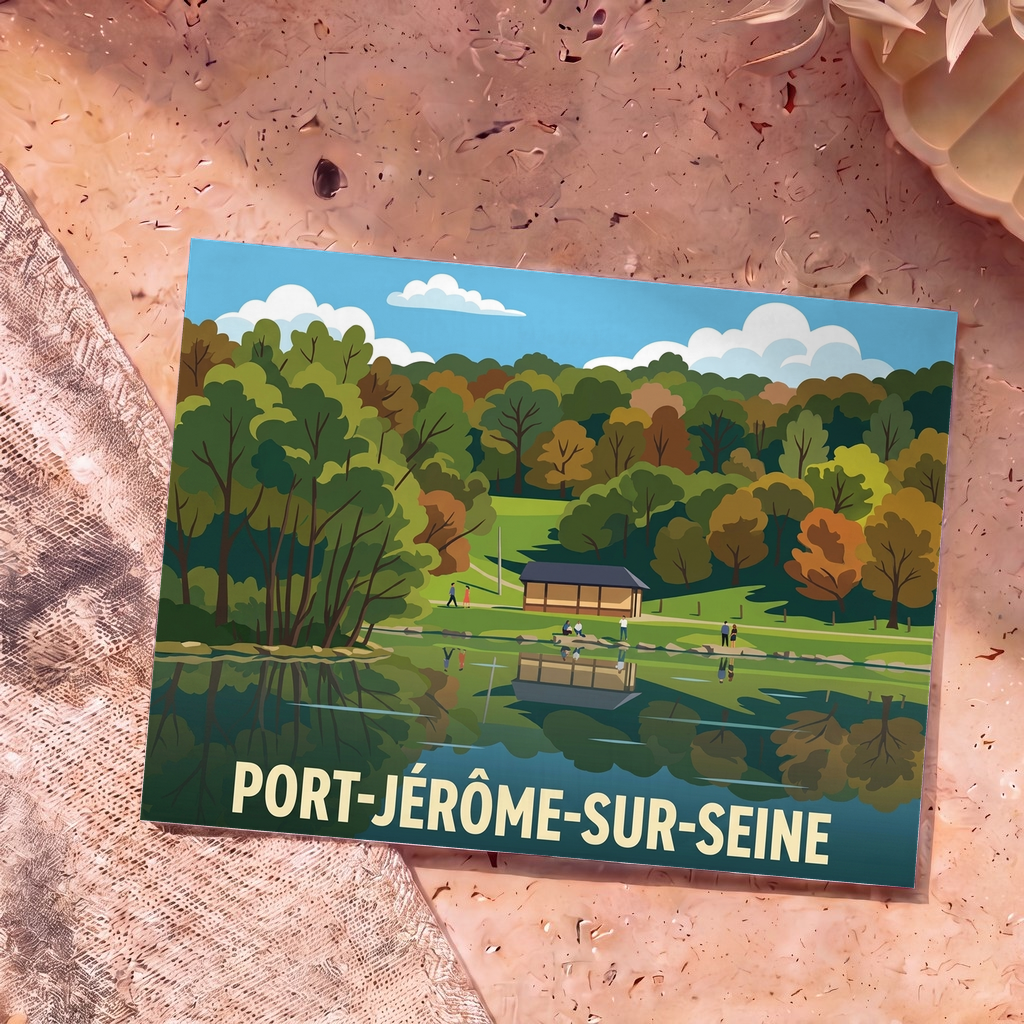 Carte postale souvenir de la ville de Port-Jérôme-sur-Seine avec une illustration stylisée d'un paysage arboré au bord de l'eau.