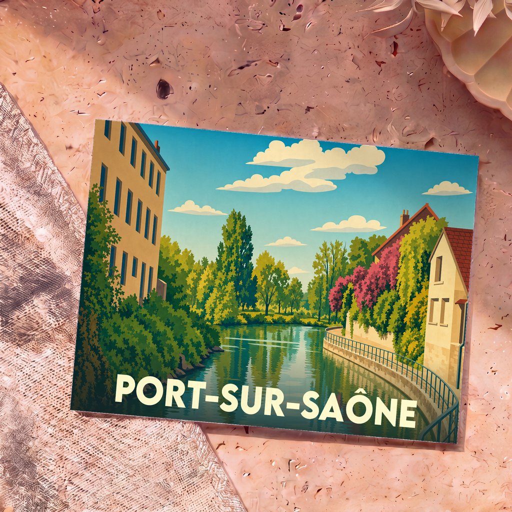 Carte postale souvenir de la ville de Port-sur-Saône avec une illustration stylisée d'un quai arboré au bord de l'eau.