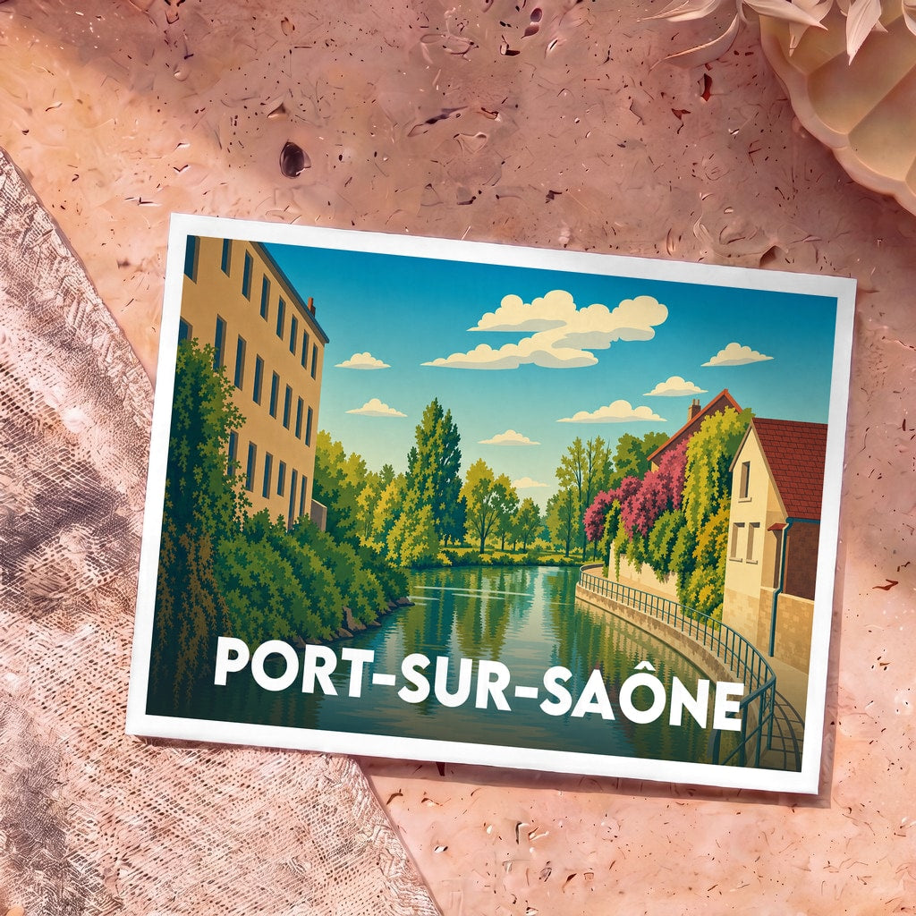 Carte postale souvenir de la ville de Port-sur-Saône avec une illustration stylisée d'un quai arboré au bord de l'eau.