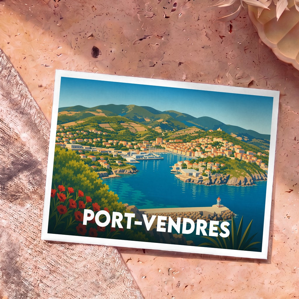 Carte postale souvenir de Port-Vendres avec une illustration stylisée de son port et de ses collines.