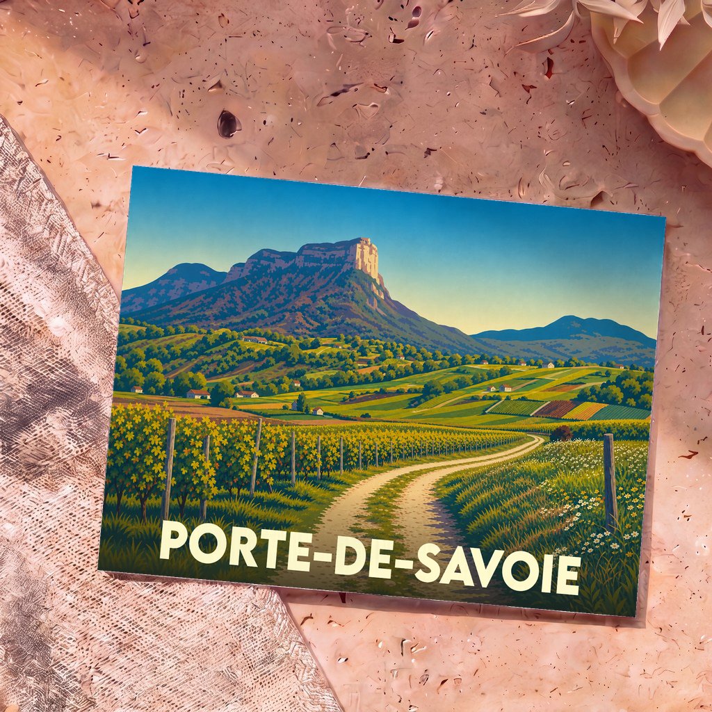Carte postale souvenir de Porte-de-Savoie illustrant un paysage de vignobles au pied du Mont Granier.