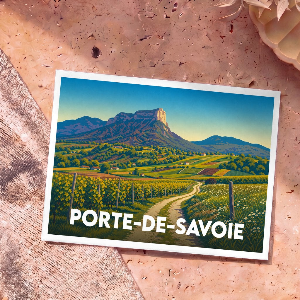 Carte postale souvenir de Porte-de-Savoie illustrant un paysage de vignobles au pied du Mont Granier.