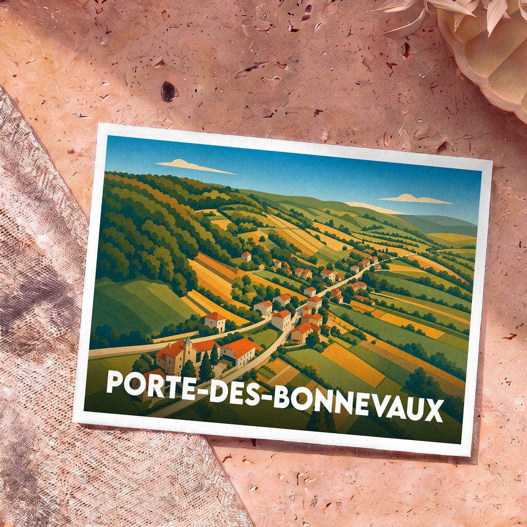 Carte postale souvenir de la commune de Porte-des-Bonnevaux arborant une illustration stylisée de son paysage rural.