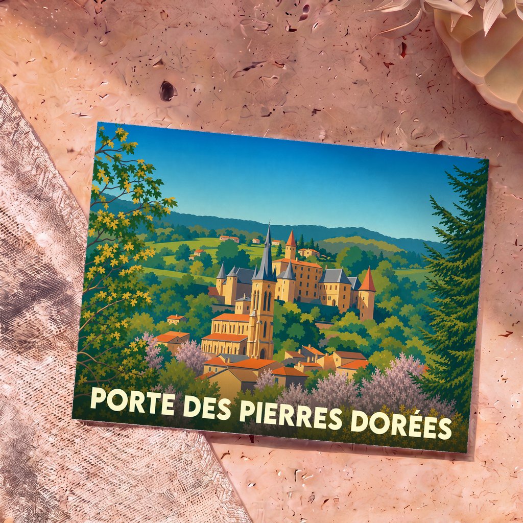 Carte postale souvenir de Porte des Pierres Dorées avec une illustration stylisée d'un village pittoresque niché dans un paysage verdoyant.