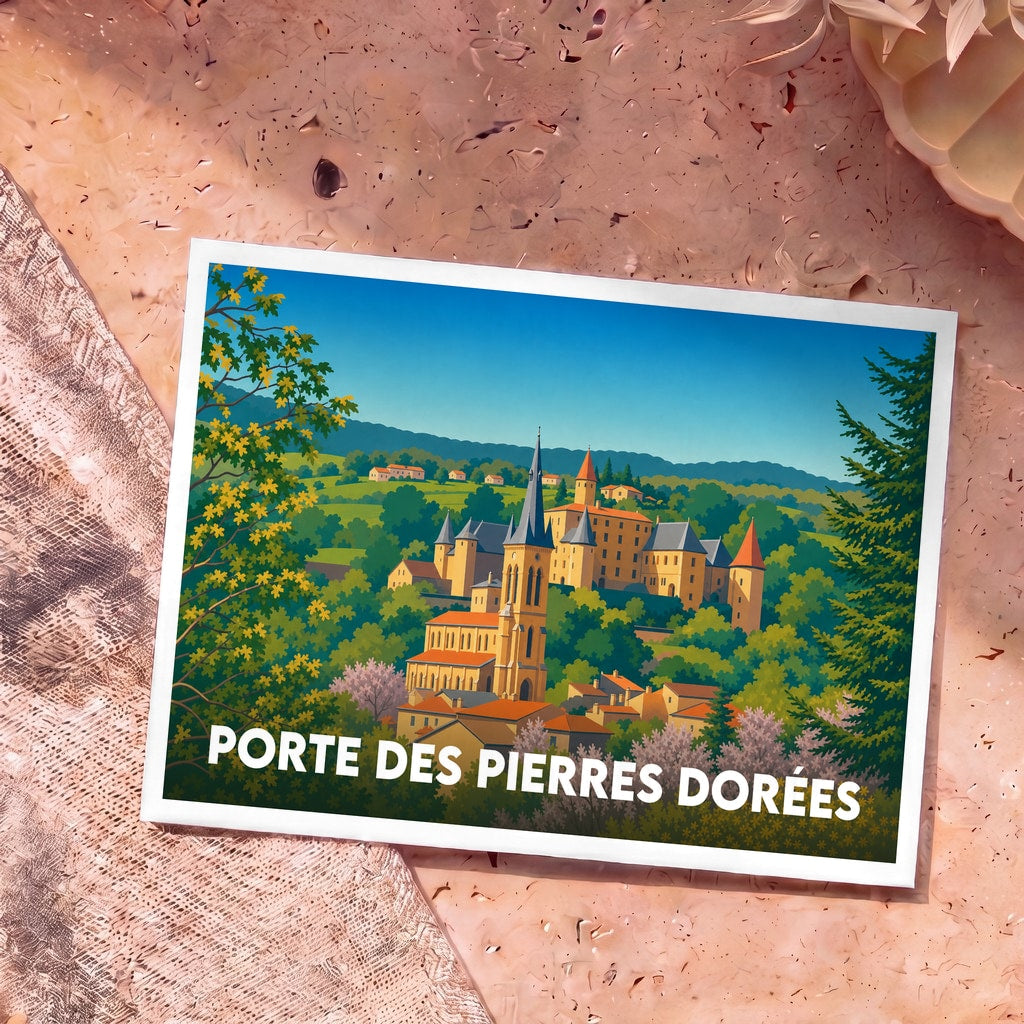 Carte postale souvenir de la commune de Porte des Pierres Dorées avec une illustration stylisée d'un village pittoresque niché dans la verdure.