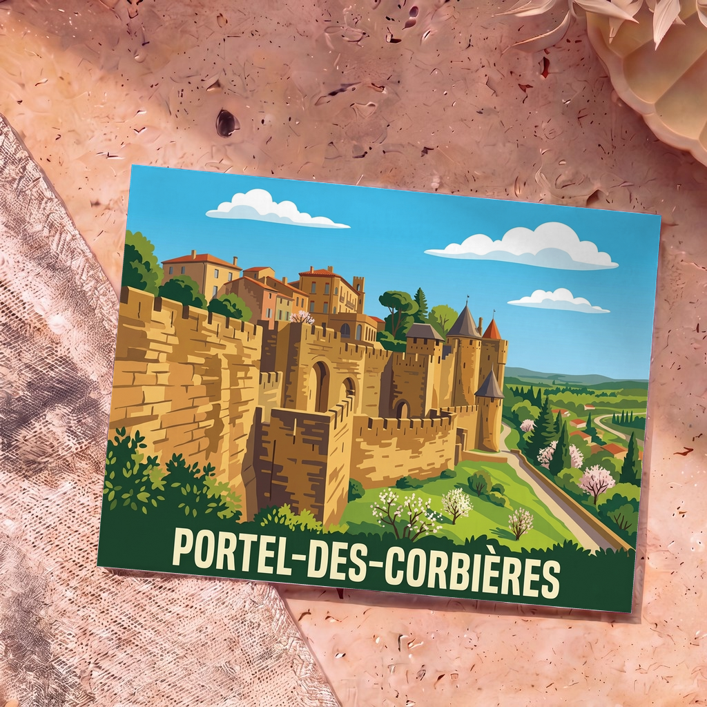 Carte postale souvenir de la ville de Portel-des-Corbières avec une illustration stylisée d'une cité médiévale fortifiée.