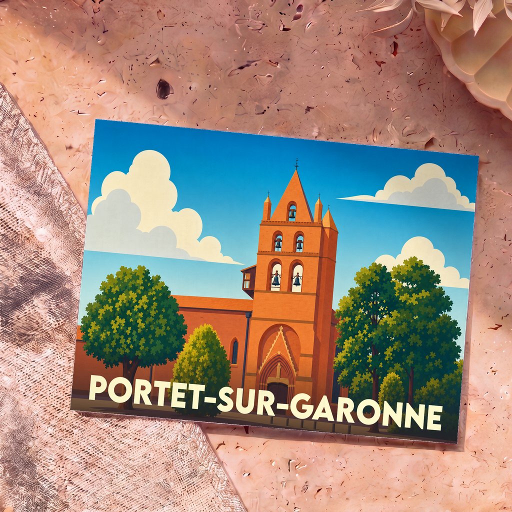 Carte postale souvenir de la ville de Portet-sur-Garonne avec une illustration stylisée de son église en briques rouges.