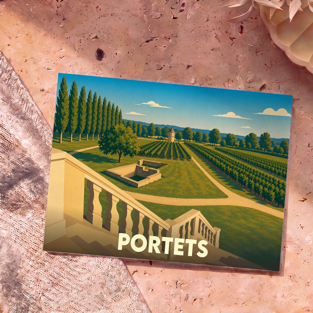 Carte postale souvenir de la ville de Portets représentant un domaine viticole dans un style graphique épuré.