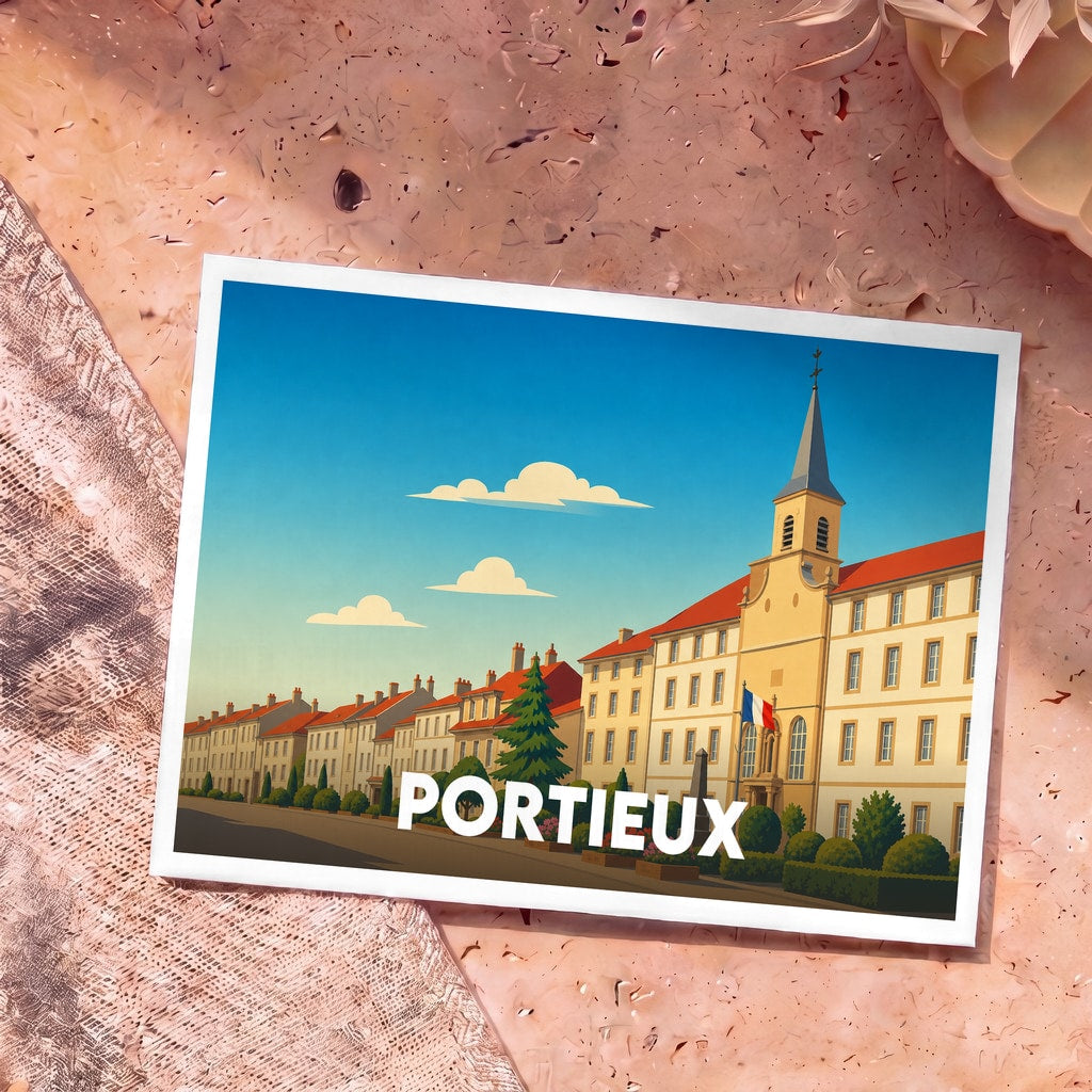 Carte postale souvenir de la ville de Portieux avec une illustration stylisée de ses bâtiments et de son église.