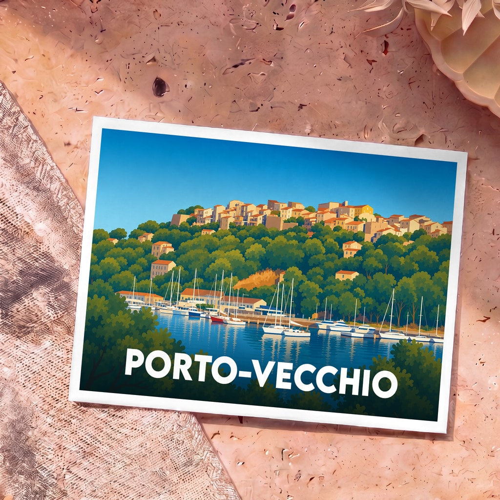 Carte postale souvenir de Porto-Vecchio arborant une illustration stylisée de son port de plaisance et de sa vieille ville perchée.