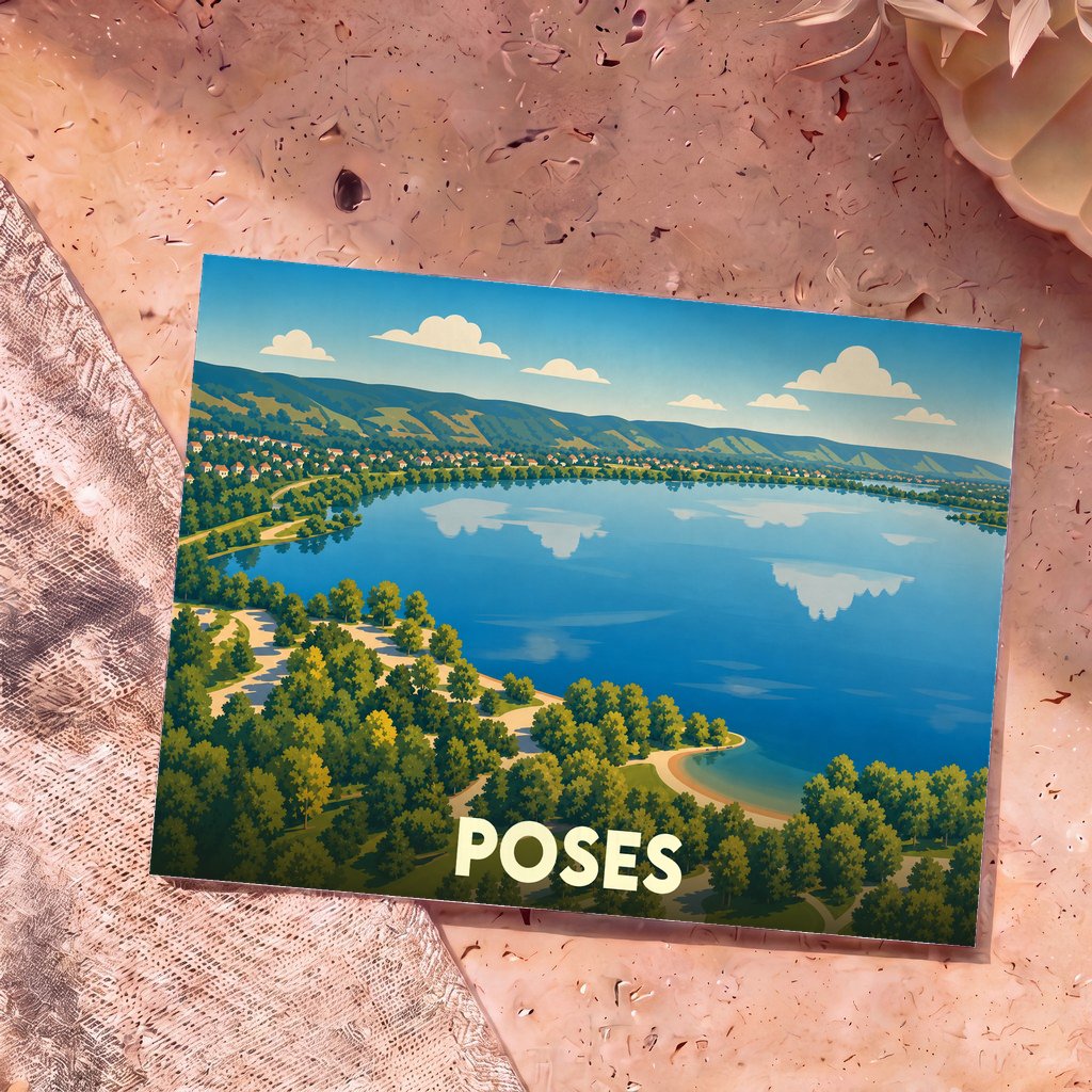 Carte postale souvenir de la ville de Poses avec une illustration stylisée de son lac et de ses collines environnantes.