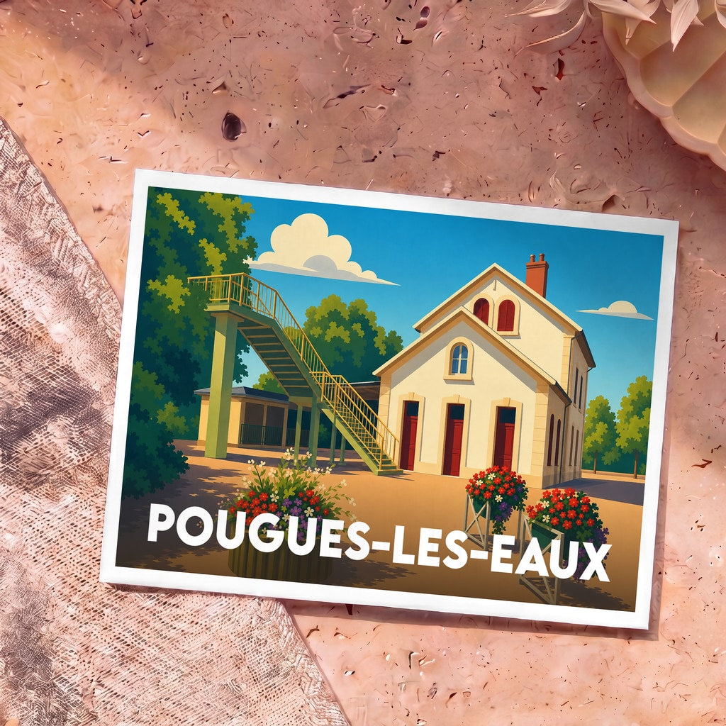 Carte postale souvenir de la ville de Pougues-les-Eaux représentant sa gare dans un style illustré et coloré.