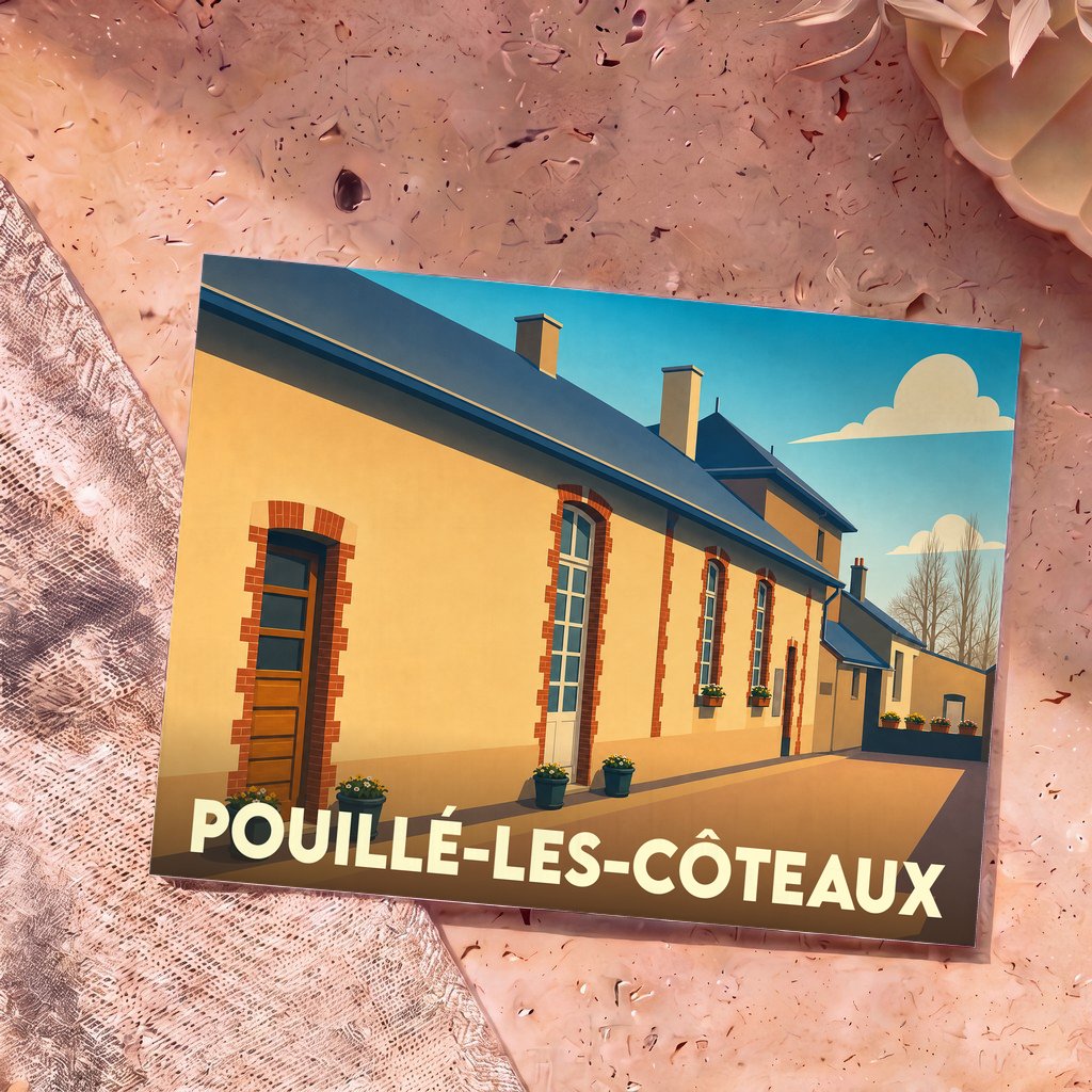 Carte postale souvenir de la ville de Pouillé-les-Côteaux avec une illustration stylisée d'un bâtiment traditionnel.