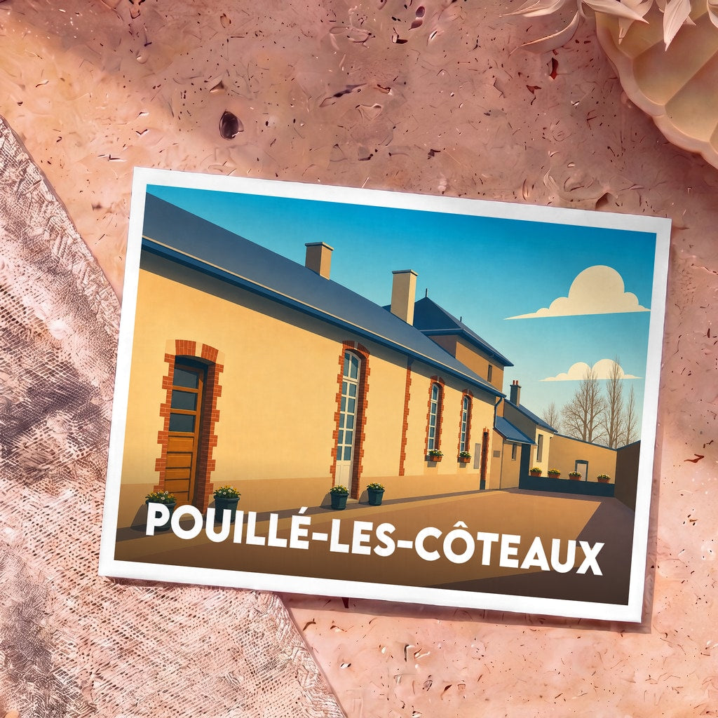 Carte postale souvenir de la ville de Pouillé-les-Côteaux avec une illustration stylisée d'un bâtiment traditionnel.