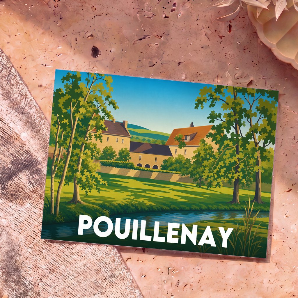 Carte postale souvenir de la ville de Pouillenay avec une illustration paysagère stylisée.