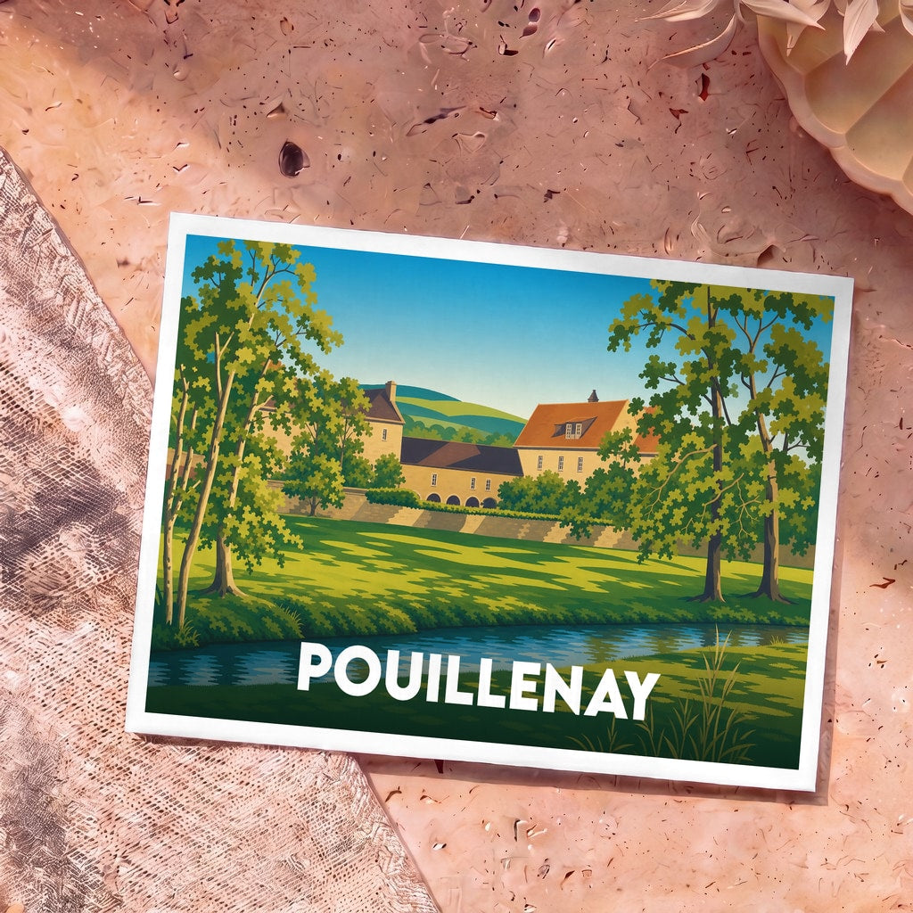 Carte postale souvenir de la ville de Pouillenay avec une illustration paysagère stylisée.