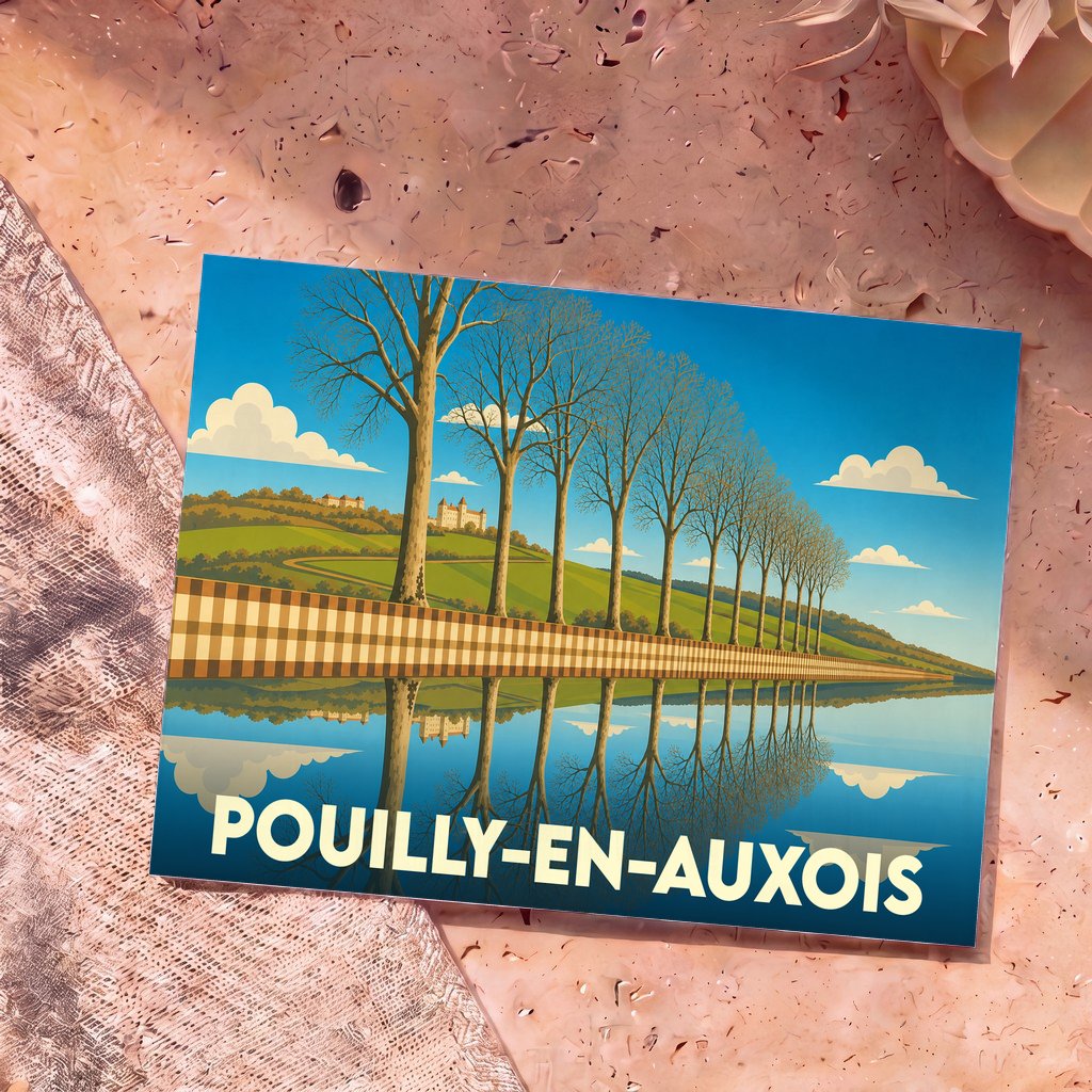 Carte postale souvenir de la ville de Pouilly-en-Auxois avec une illustration stylisée montrant des arbres se reflétant dans l'eau.