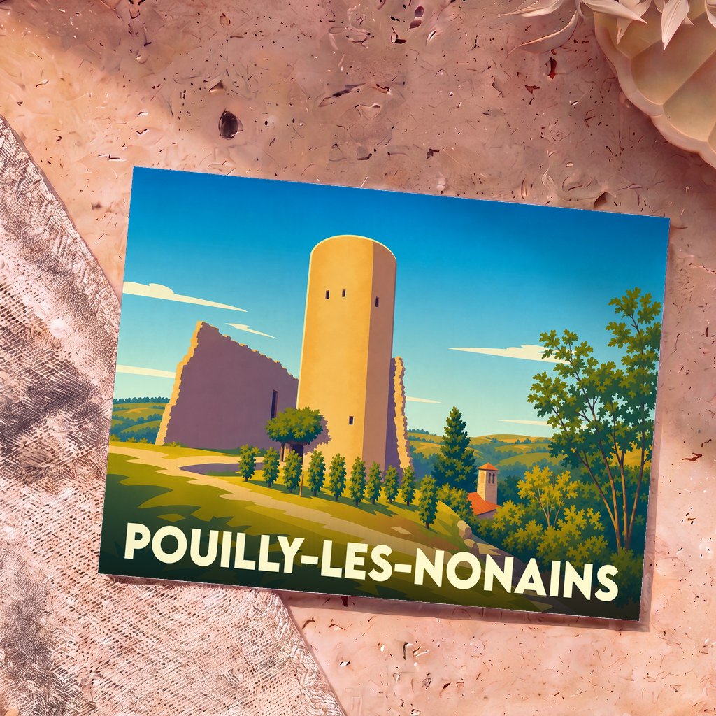 Carte postale souvenir de la ville de Pouilly-les-Nonains avec une illustration stylisée d'un château médiéval.