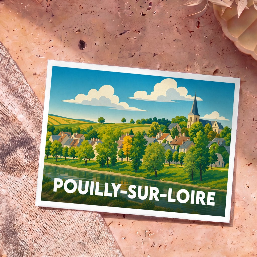 Carte postale souvenir de la ville de Pouilly-sur-Loire avec une illustration stylisée d'un village en bord de Loire.