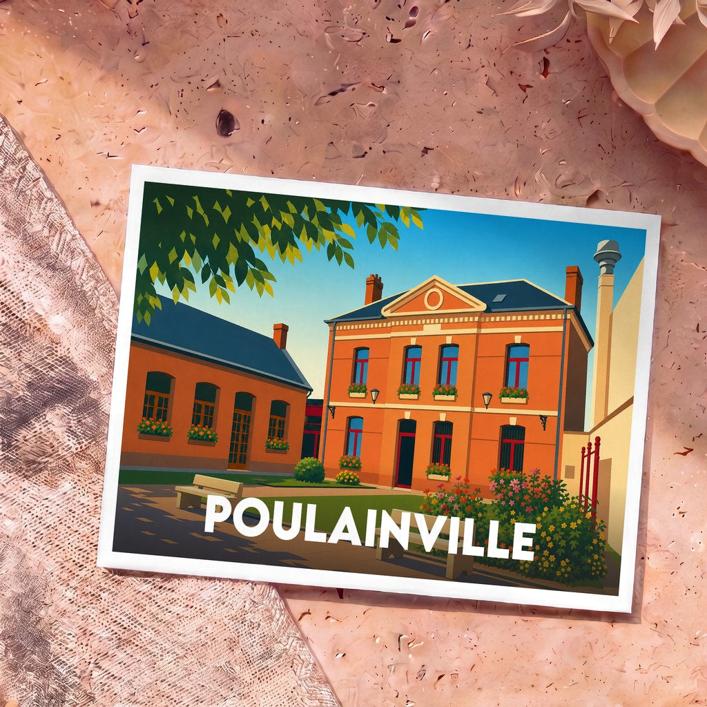 Carte postale souvenir de la ville de Poulainville illustrant sa mairie dans un style graphique épuré.