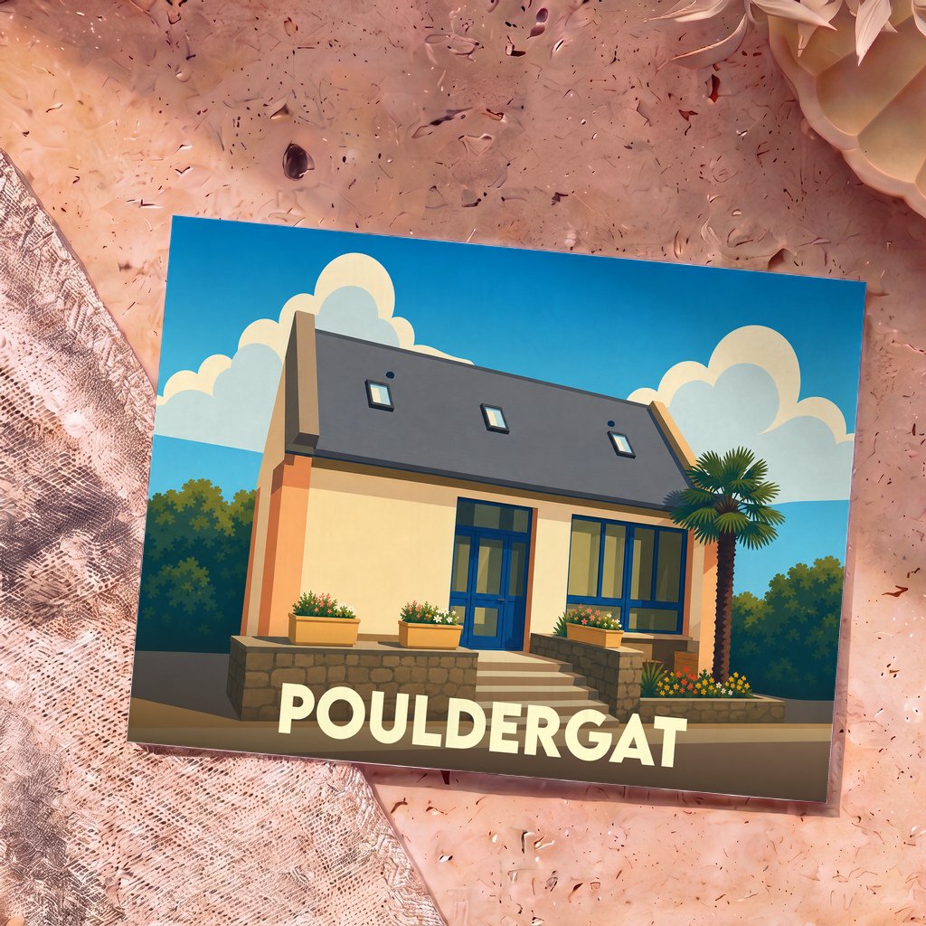 Carte postale souvenir de la ville de Pouldergat avec une illustration stylisée d'une maison.