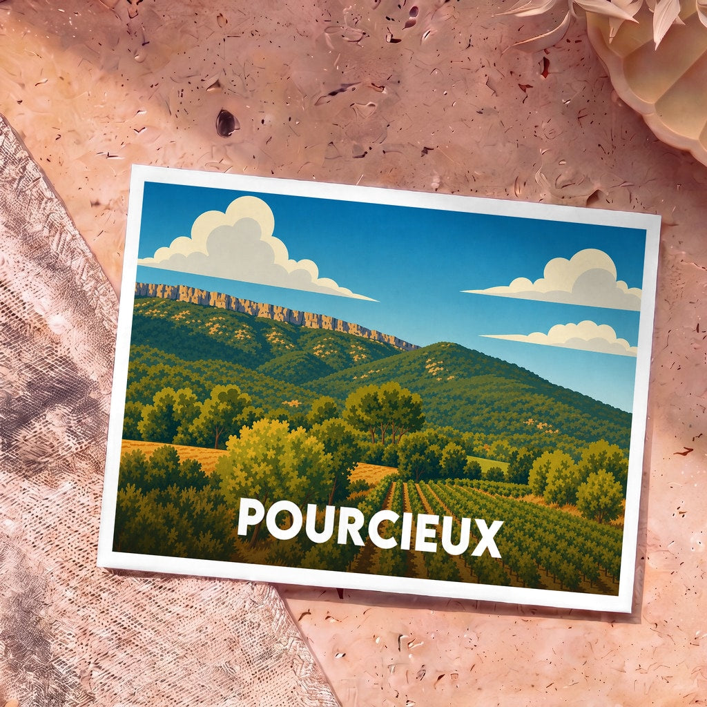 Carte postale souvenir de la ville de Pourcieux avec une illustration stylisée d'un vignoble au pied d'une montagne.