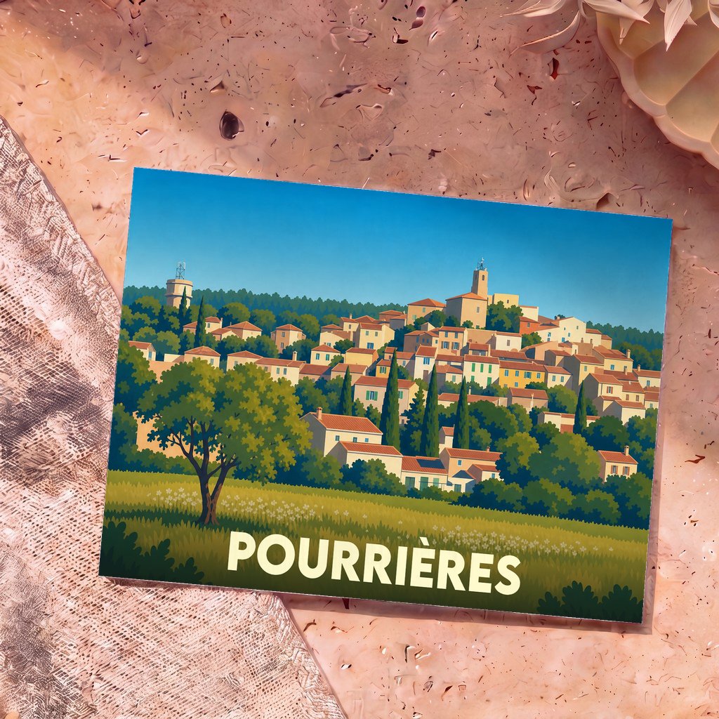 Carte postale souvenir de la ville de Pourrières avec une illustration stylisée d'un village provençal niché dans la verdure.