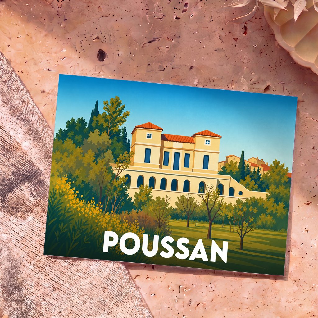Carte postale souvenir de la ville de Poussan arborant une illustration stylisée d'un bâtiment historique entouré de végétation.