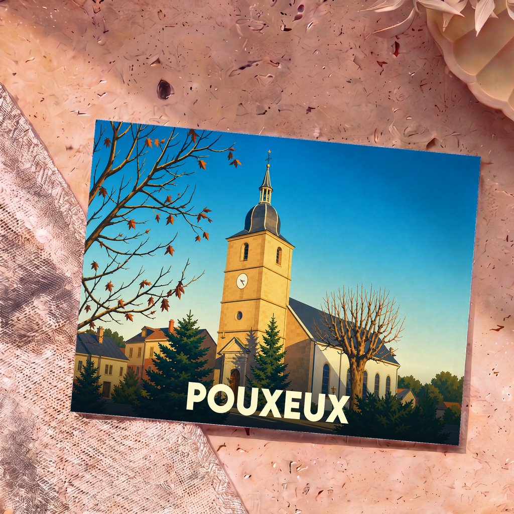Carte postale souvenir de la ville de Pouxeux avec une illustration stylisée de son église.