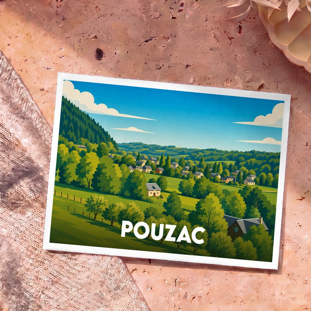 Carte postale souvenir de la ville de Pouzac illustrant un paysage de campagne vallonné au style épuré.