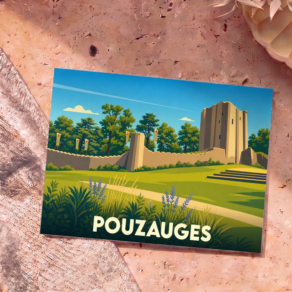 Carte postale souvenir de la ville de Pouzauges avec une illustration stylisée de son château médiéval.