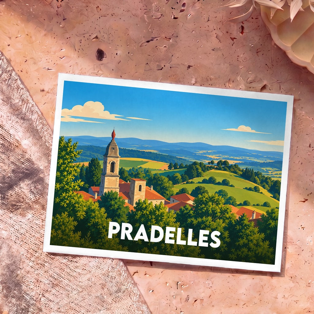 Carte postale souvenir de la ville de Pradelles illustrant son clocher surplombant un paysage vallonné et verdoyant.