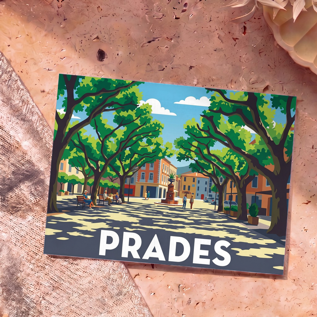 Carte postale souvenir de la ville de Prades avec une illustration stylisée d'une place ombragée.