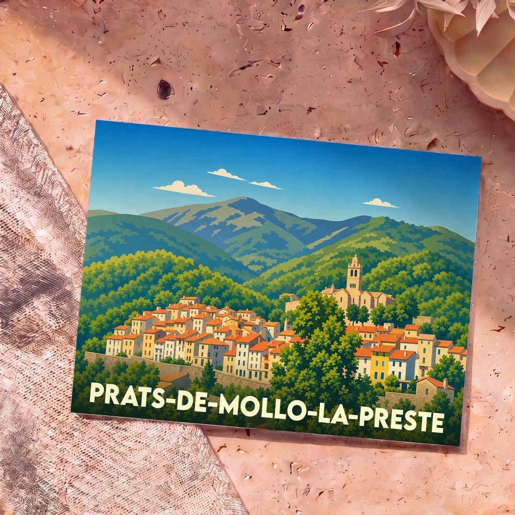 Carte postale souvenir de la ville de Prats-de-Mollo-la-Preste avec une illustration stylisée.